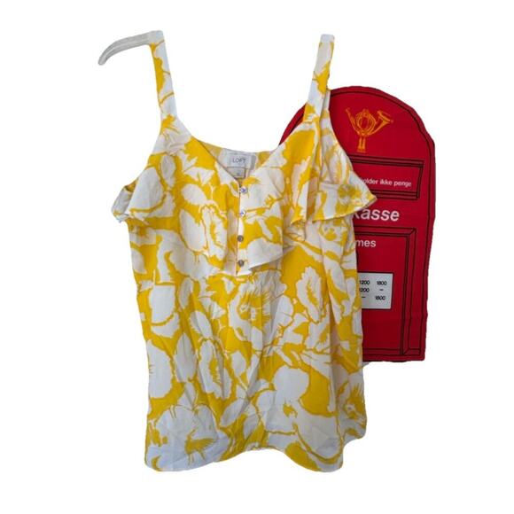 Loft Yellow White Floral Ruffle Tank Top Women's Size Medium Soft Cottage - Picture 3 of 4